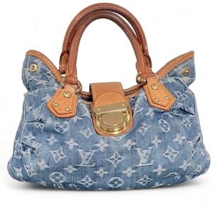 Louis Vuitton Monogram Denim Pleaty Bag Blue Vachetta Trim Handbag with receipt